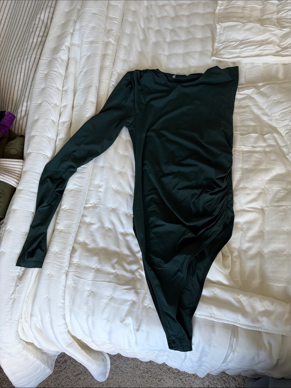 Zara Dark Green One-Shoulder Long Sleeve Bodysuit